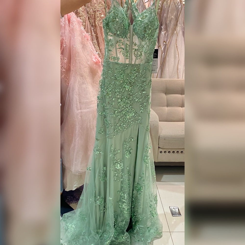 Sage green open back corset sparkly mermaid prom dress